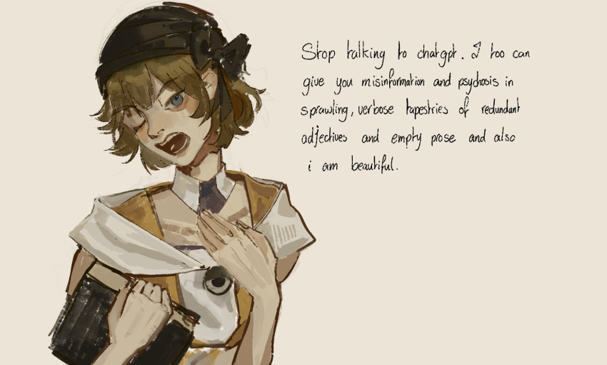1other, androgynous, annoyed, bandana, bare_arms, black_bandana, blue_eyes, book