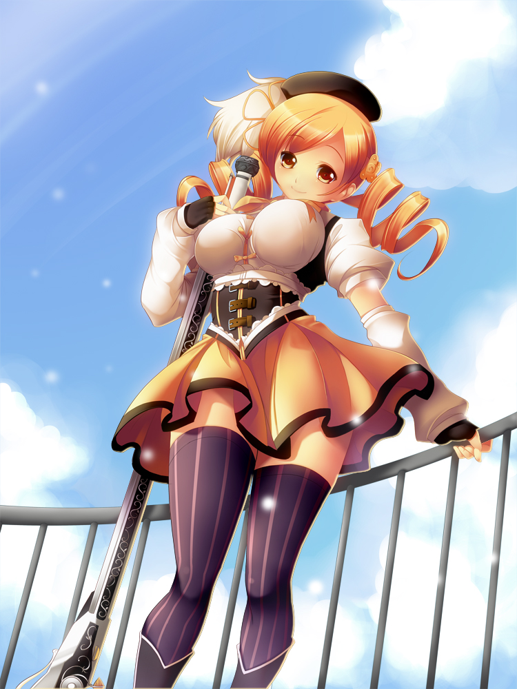 beret, blonde_hair, blue_sky, breasts, corset, drill_hair, fingerless_gloves, gloves
