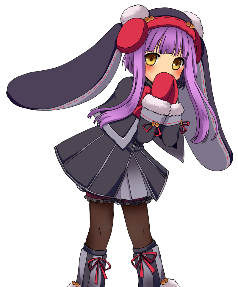 1girl, animal_hood, black_capelet, black_coat, boots, boss_(non_title), capelet, coat, covering_own_mouth, emil_chronicle_online, frilled_thigh_strap, gloves, grey_boots, grey_skirt, hood, long_sidelocks, neck_ribbon, pantyhose, penguin_girl, penguin_hood, pepen_alma, purple_hair, puzzle_&amp;_dragons, red_gloves, red_ribbon, ribbon, sidelocks, skirt, solo, thigh_strap, white_background, winter_uniform, yellow_eyes
