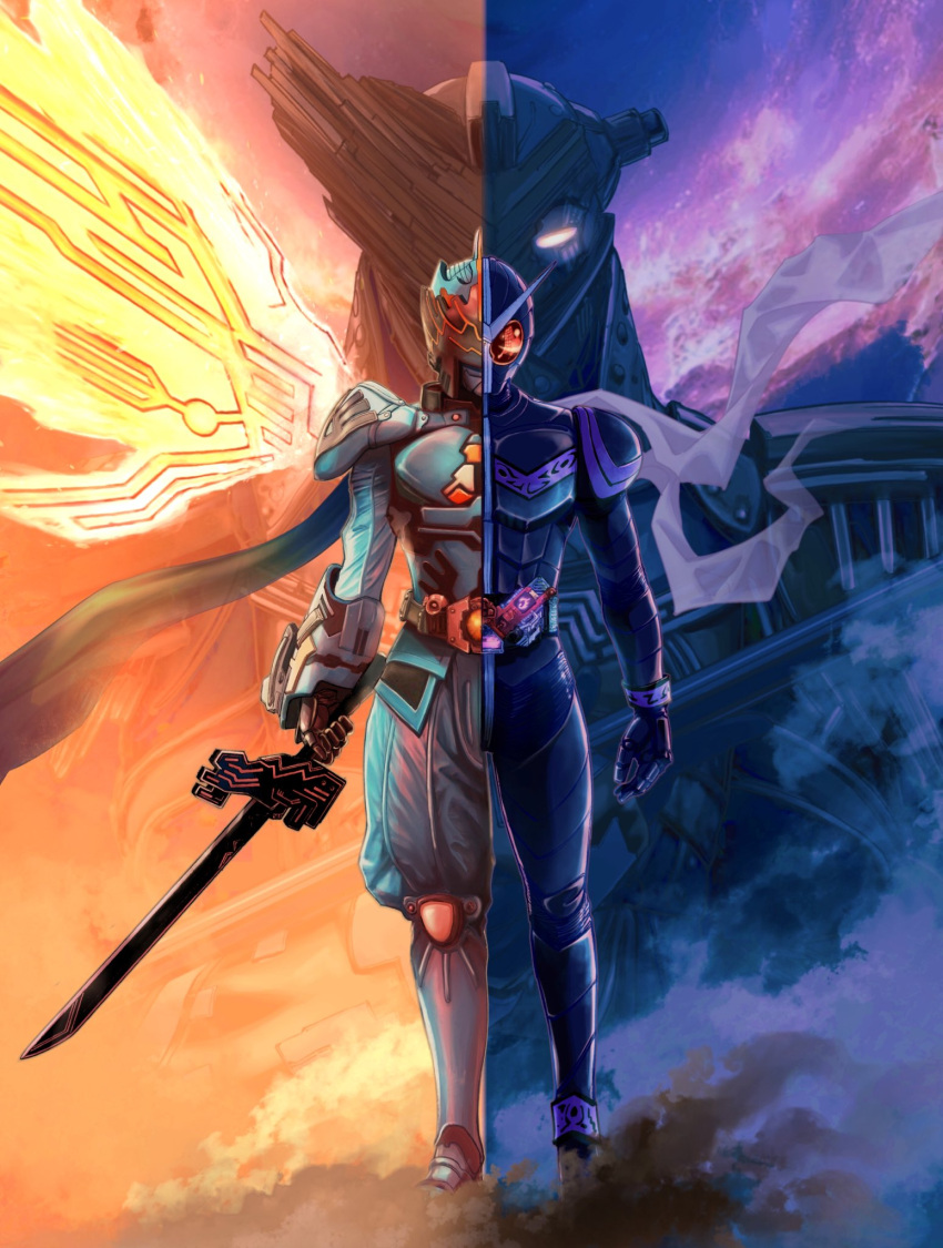 3boys, armor, belt, bodysuit, cape, compound_eyes, double_driver, doubledriver