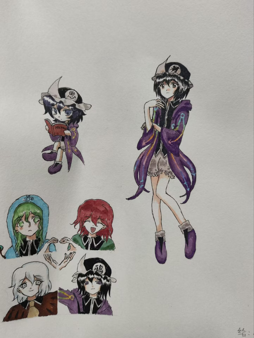 1girl, 3others, ^_^, androgynous, ankle_socks, arrow_print, artist_request, ascot