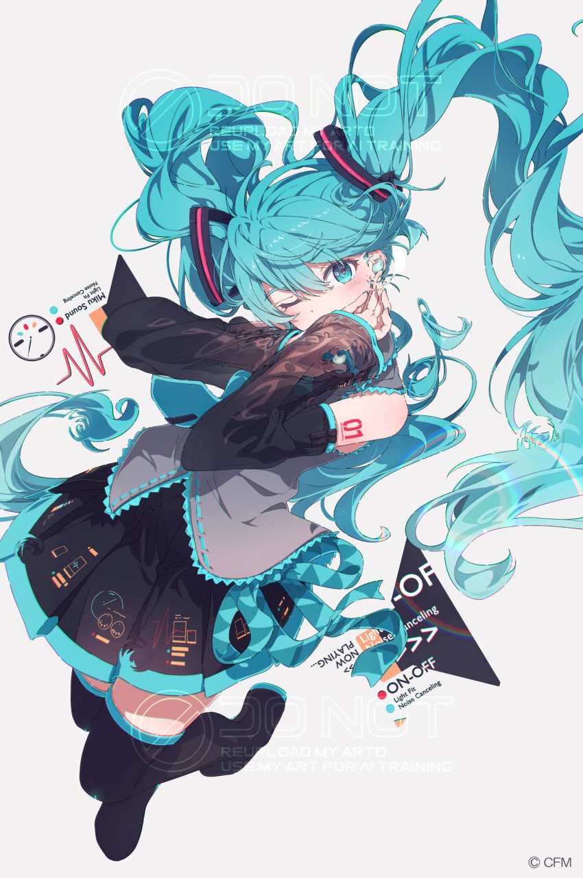 1girl, 39, aqua_hair, bare_shoulders, black_skirt, black_sleeves, blue_hair, blush