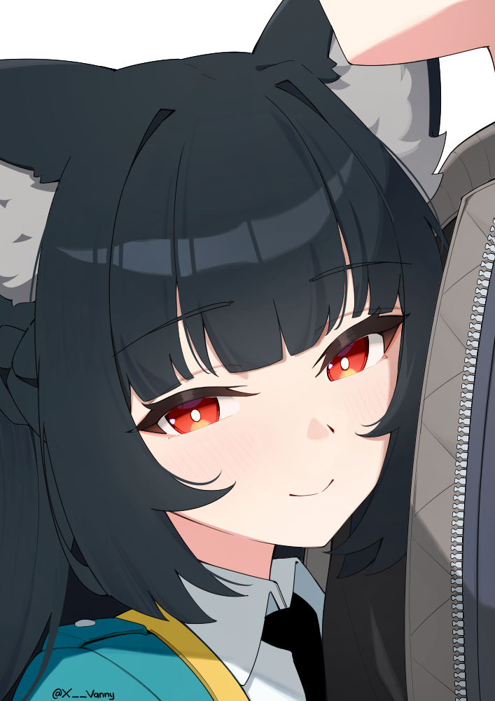 1boy, 1girl, animal_ear_fluff, animal_ears, black_hair, black_necktie, blunt_bangs, braid, fox_ears, fox_girl, hair_intakes, half_up_braid, head_on_another's_chest, hoshimi_miyabi, jacket, looking_at_viewer, necktie, out_of_frame, red_eyes, shirt, sidelocks, smile, solo_focus, twitter_username, white_shirt, wise_(zenless_zone_zero), xsan_vanny, zenless_zone_zero