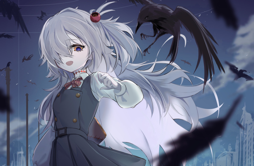 1girl, absurdres, bag, bird, black_dress, blue_archive, blurry, blurry_foreground