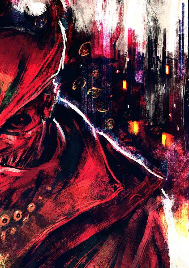 1other, artofchinara, black_background, bloodborne, covered_mouth, hat, hunter_(bloodborne), jacket, jewelry, mask, mouth_mask, necklace, red_eyes, red_theme, solo, tricorne