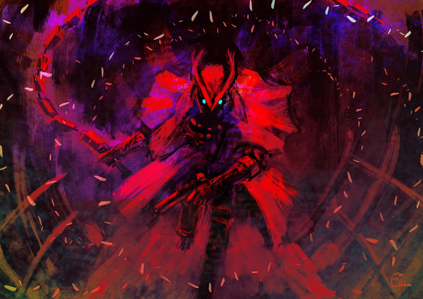 1other, artofchinara, bloodborne, blue_eyes, capelet, coat, dual_wielding, english_commentary, gun, handgun, hat, holding, holding_gun, holding_sword, holding_weapon, hunter_(bloodborne), long_sleeves, looking_at_viewer, pants, red_theme, solo, sword, tricorne, weapon, whip_sword