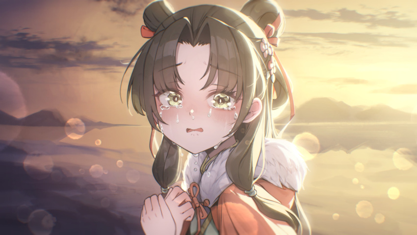 1girl, absurdres, black_hair, blush, cloak, crying, harumita221, highres, legend_of_mortal, long_hair, pink_cloak, pink_ribbon, ribbon, ye_yunshang