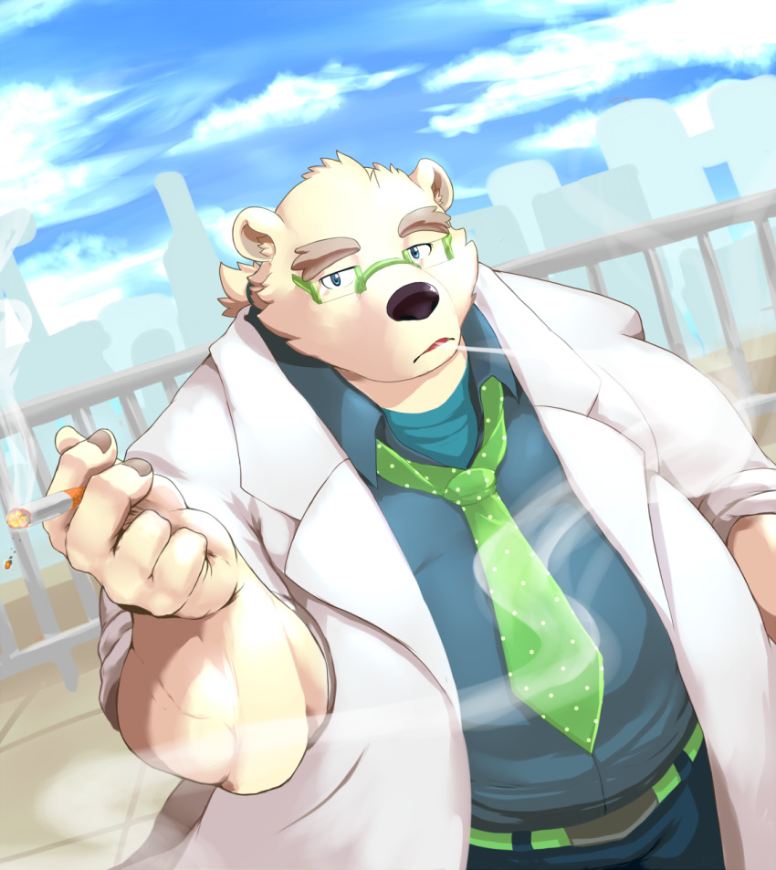 1boy, animal_ears, bear_boy, bear_ears, belly, blue_eyes, blue_shirt, blue_sky