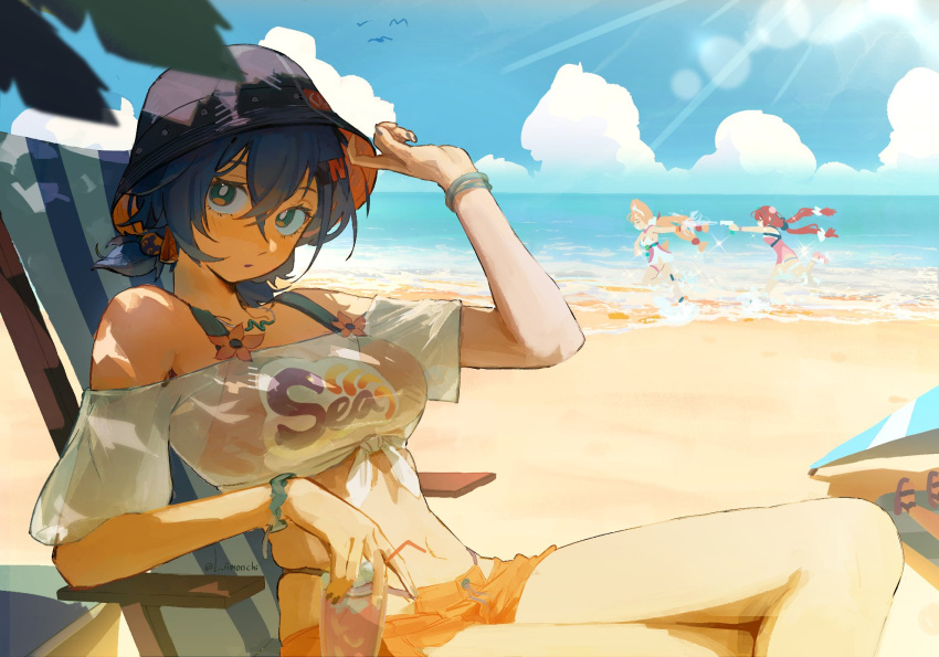adjusting_clothes, adjusting_headwear, alice_thymefield, alice_thymefield_(sea_of_thyme), beach, beach_chair, belle_(summer_skies)_(zenless_zone_zero), belle_(zenless_zone_zero), bikini, bird, blue_hair, blue_sky, bright_pupils, bucket_hat, clouds, crossed_bangs, crossed_legs, green_eyes, hair_between_eyes, hat, highres, liimonchi, looking_at_viewer, ocean, orange_bikini, orange_shorts, outdoors, panty_straps, ponytail, running, see-through_clothes, see-through_shirt, shirt, short_ponytail, shorts, sitting, sky, solo_focus, sparkle, strapless, swimsuit, tube_top, twitter_username, ukinami_yuzuha, ukinami_yuzuha_(tanuki_in_broad_daylight), water, water_gun, white_pupils, white_tube_top, zenless_zone_zero