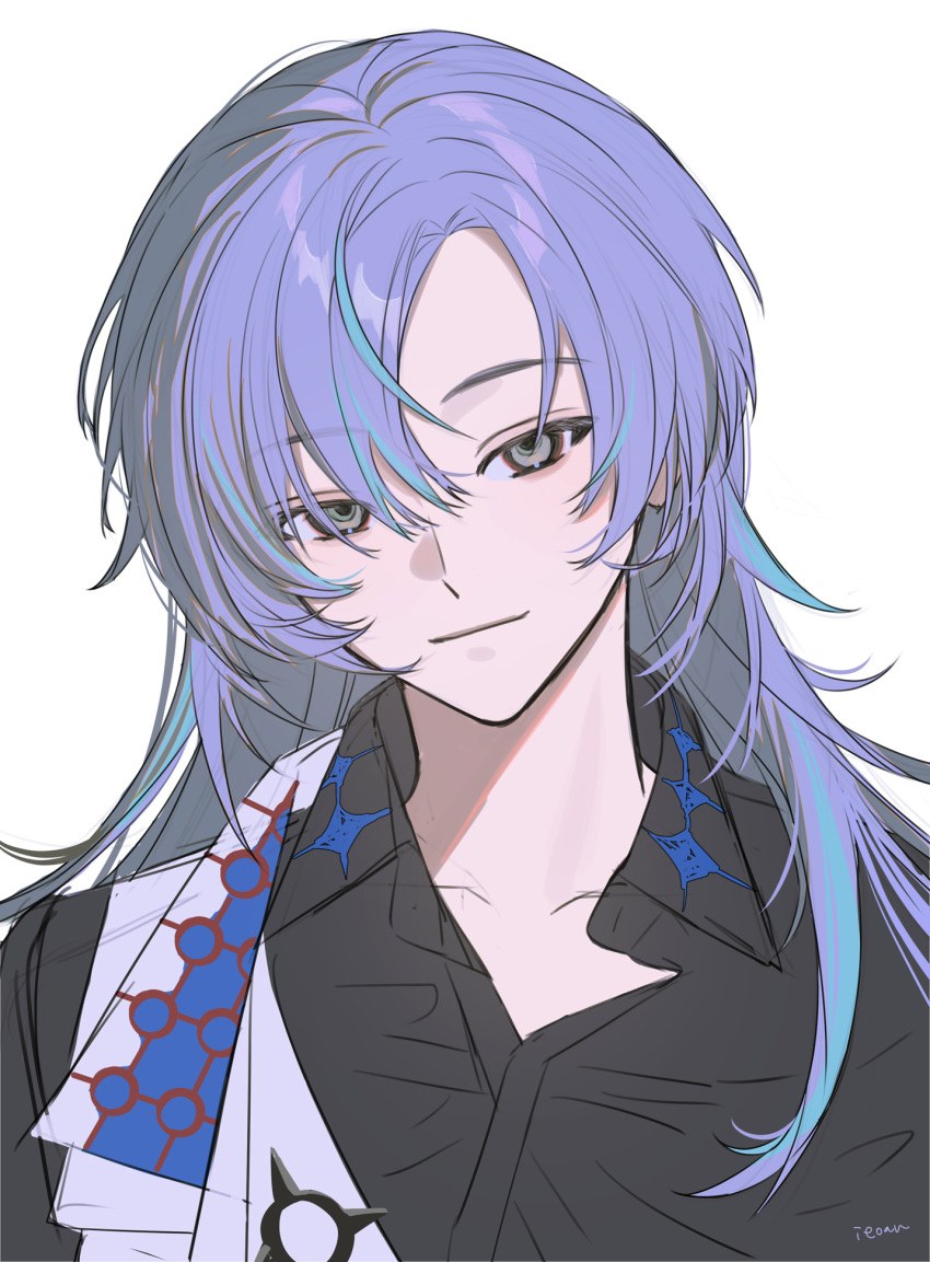 1boy, black_shirt, blue_hair, closed_mouth, collared_shirt, grey_eyes, hair_between_eyes, highres