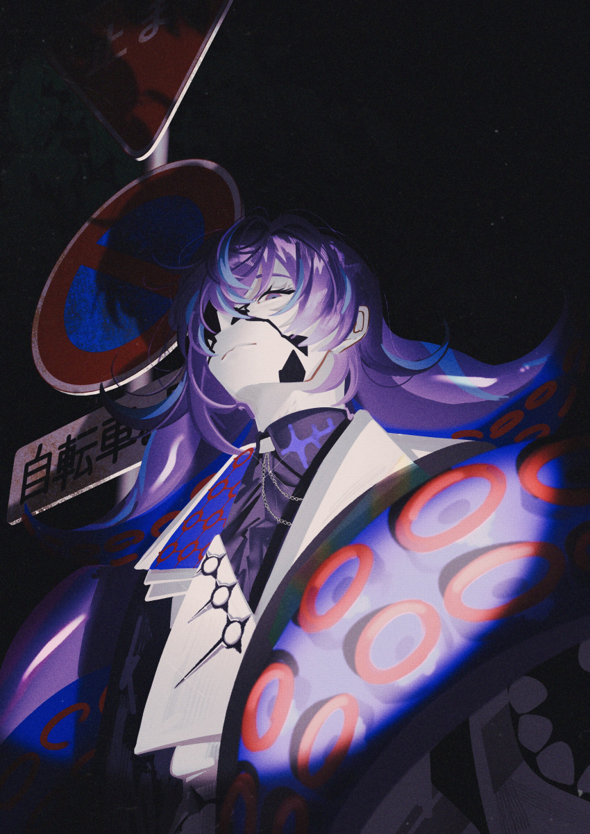 1boy, 404_4628, absurdres, black_background, black_shirt, blue_hair, closed_eyes, closed_mouth