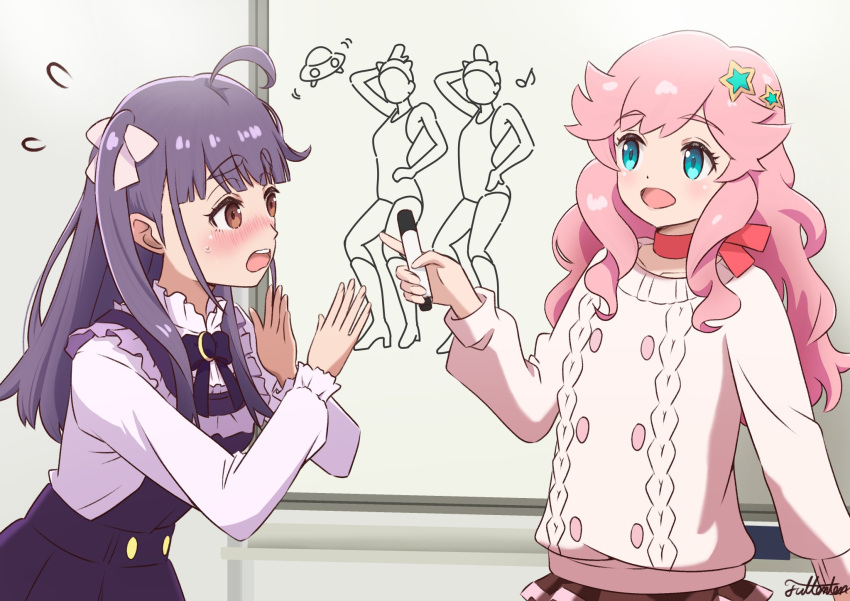 2girls, :d, ahoge, blue_eyes, blunt_bangs, brown_eyes, brown_skirt, chofu_noriko