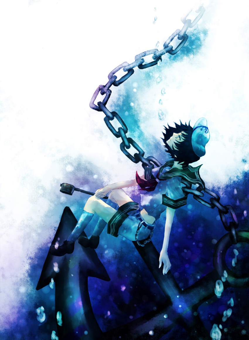 anchor, belt, black_hair, blue, blue_eyes, blush, bubble, chain, chains, hait, hat, highres, kneehighs, manasseh, midriff, murasa_minamitsu, ocean, sailor, sailor_collar, sailor_hat, short_hair, shorts, solo, touhou, water