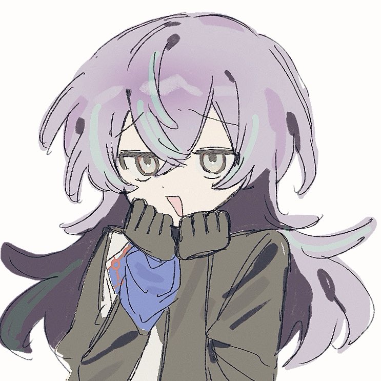 1boy, black_gloves, black_jacket, gloves, grey_eyes, hair_between_eyes, hoshirube_sho, hoshirube_sho_(1st_costume), jacket, komiroku, long_hair, long_sleeves, looking_at_viewer, male_focus, multicolored_hair, nijisanji, open_mouth, purple_hair, simple_background, smile, solo, streaked_hair, upper_body