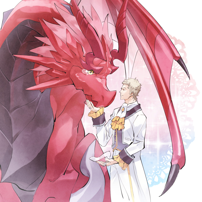 1boy, ascot, blonde_hair, charioce_xvii, closed_mouth, coat, dasshu_(dashi_now), dragon