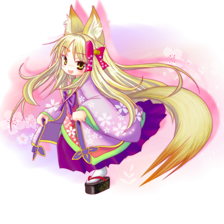 1girl, animal_ears, bell, blonde_hair, emil_chronicle_online, fox_ears, fox_girl, fox_tail