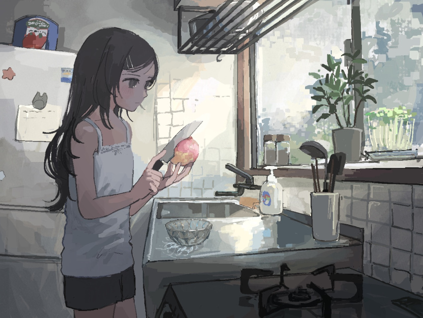 1girl, 62_retas, black_eyes, black_hair, black_shorts, camisole, closed_mouth, cowboy_shot