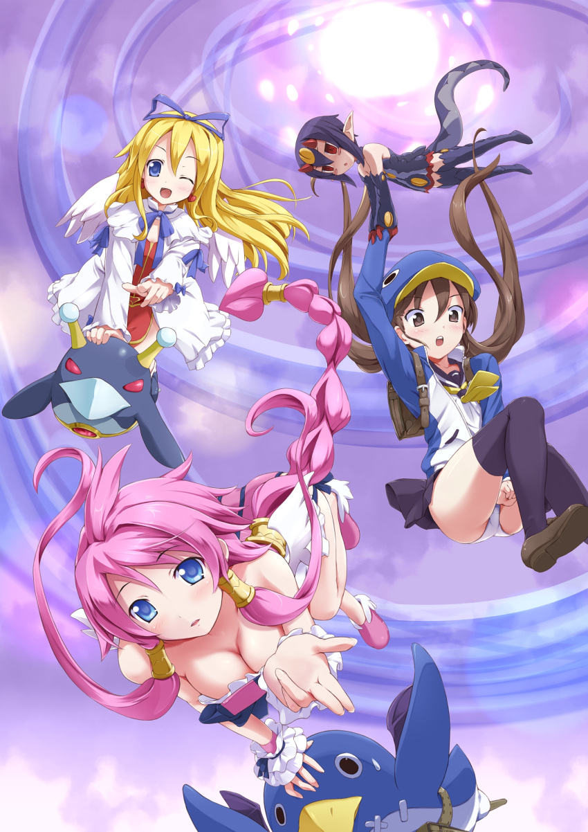 black_eyes, blonde_hair, blue_eyes, blush_stickers, braid, breasts, brown_hair, character_request