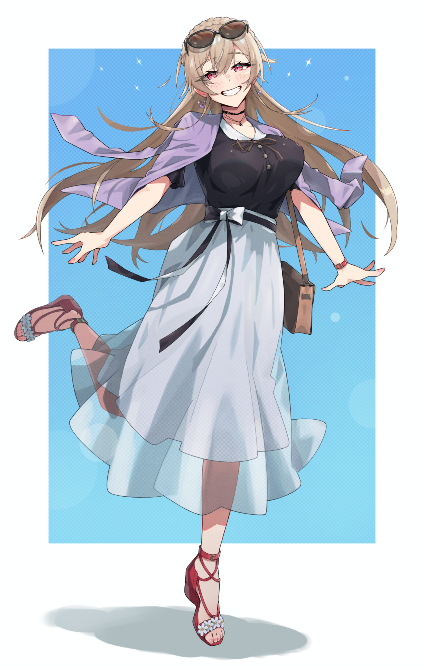 1girl, bag, black_ribbon, black_skirt, blue_background, blurry, blush, bokeh