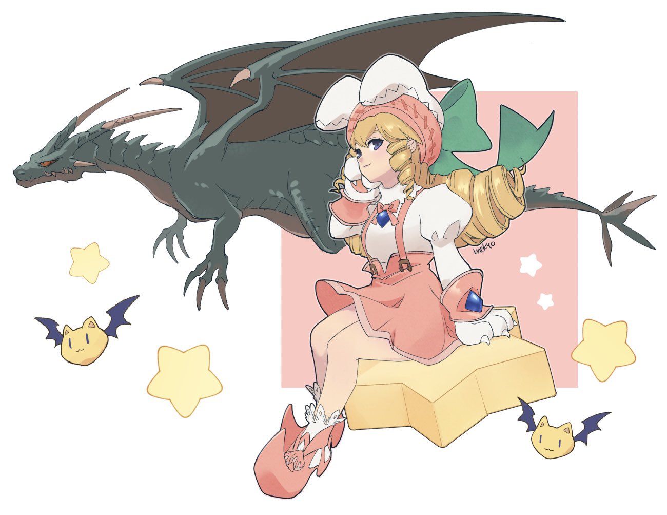 1girl, animal_ear_headwear, blonde_hair, blue_eyes, dewprism, fancy_mel, juliet_sleeves, long_sleeves