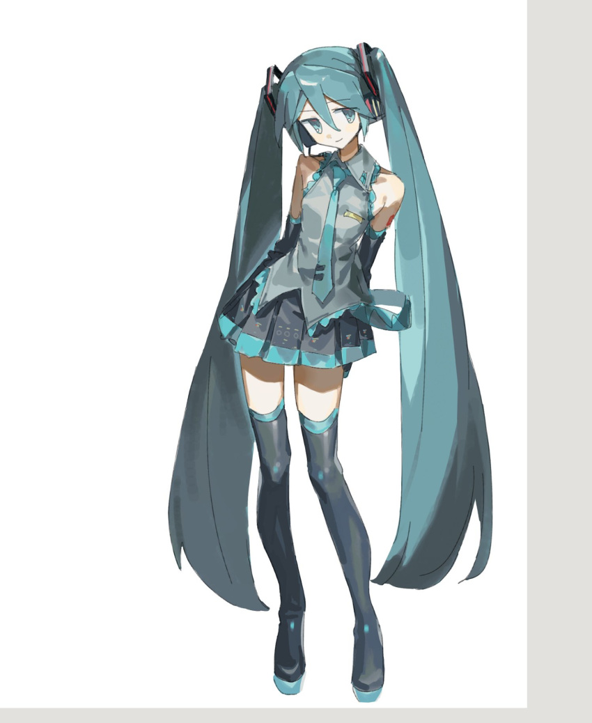 1girl, aqua_eyes, aqua_hair, aqua_necktie, arms_behind_back, bare_shoulders, black_skirt, black_sleeves, black_thighhighs, boots, closed_mouth, collared_shirt, detached_sleeves, full_body, grey_shirt, hair_between_eyes, hair_ornament, hatsune_miku, headphones, headset, highres, krlouvf, long_hair, looking_at_viewer, miniskirt, necktie, pleated_skirt, shirt, simple_background, skirt, sleeveless, sleeveless_shirt, smile, solo, standing, thigh-highs, thigh_boots, twintails, very_long_hair, vocaloid, white_background, zettai_ryouiki