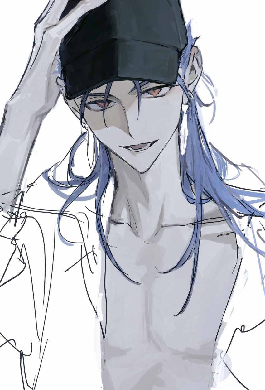 1boy, absurdres, black_hat, blue_hair, cu_chulainn_(caster)_(fate), cu_chulainn_(fate), cu_chulainn_(tropical_rune_summer)_(fate), earrings