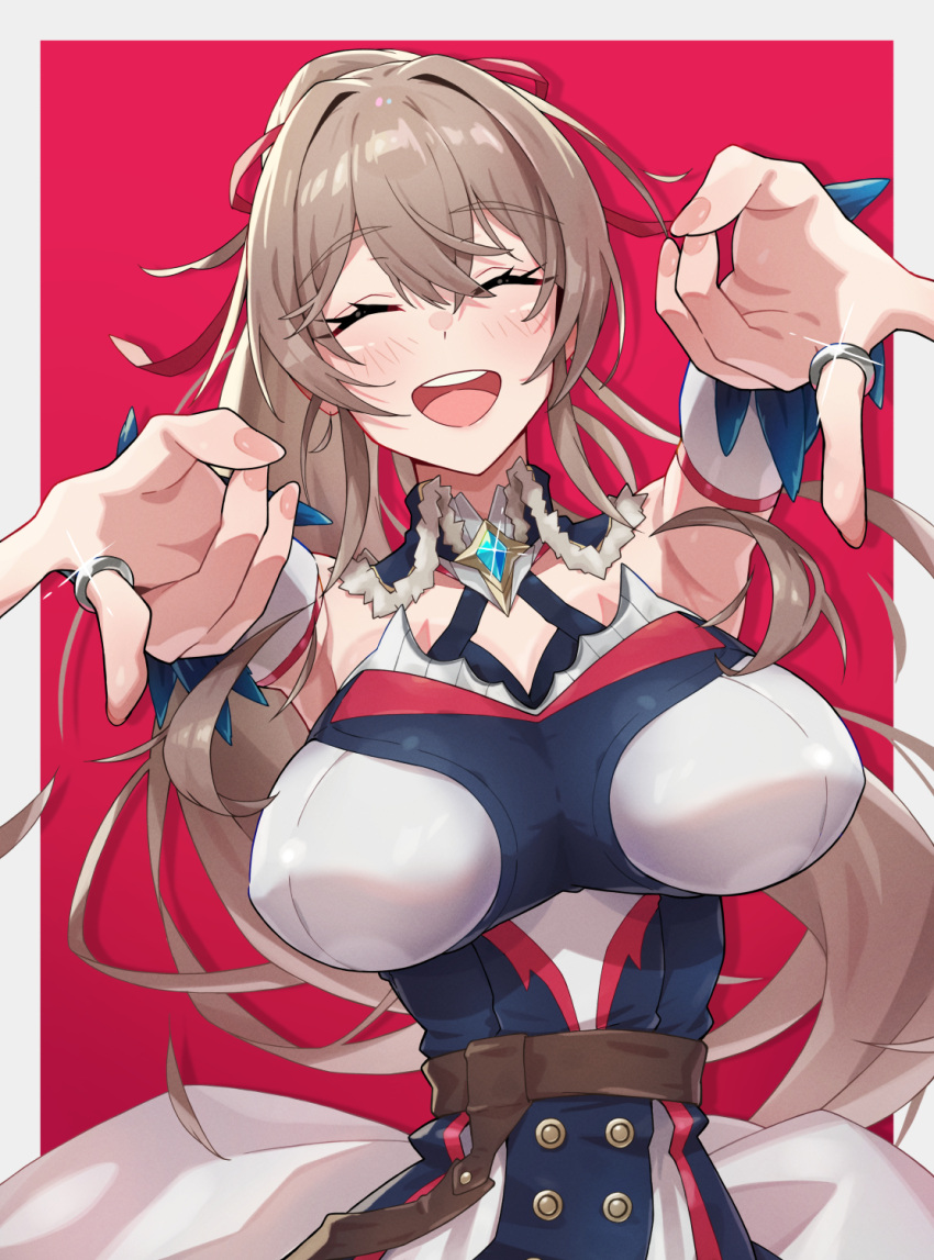 1girl, blue_dress, blush, border, breasts, brown_hair, buttons, closed_eyes