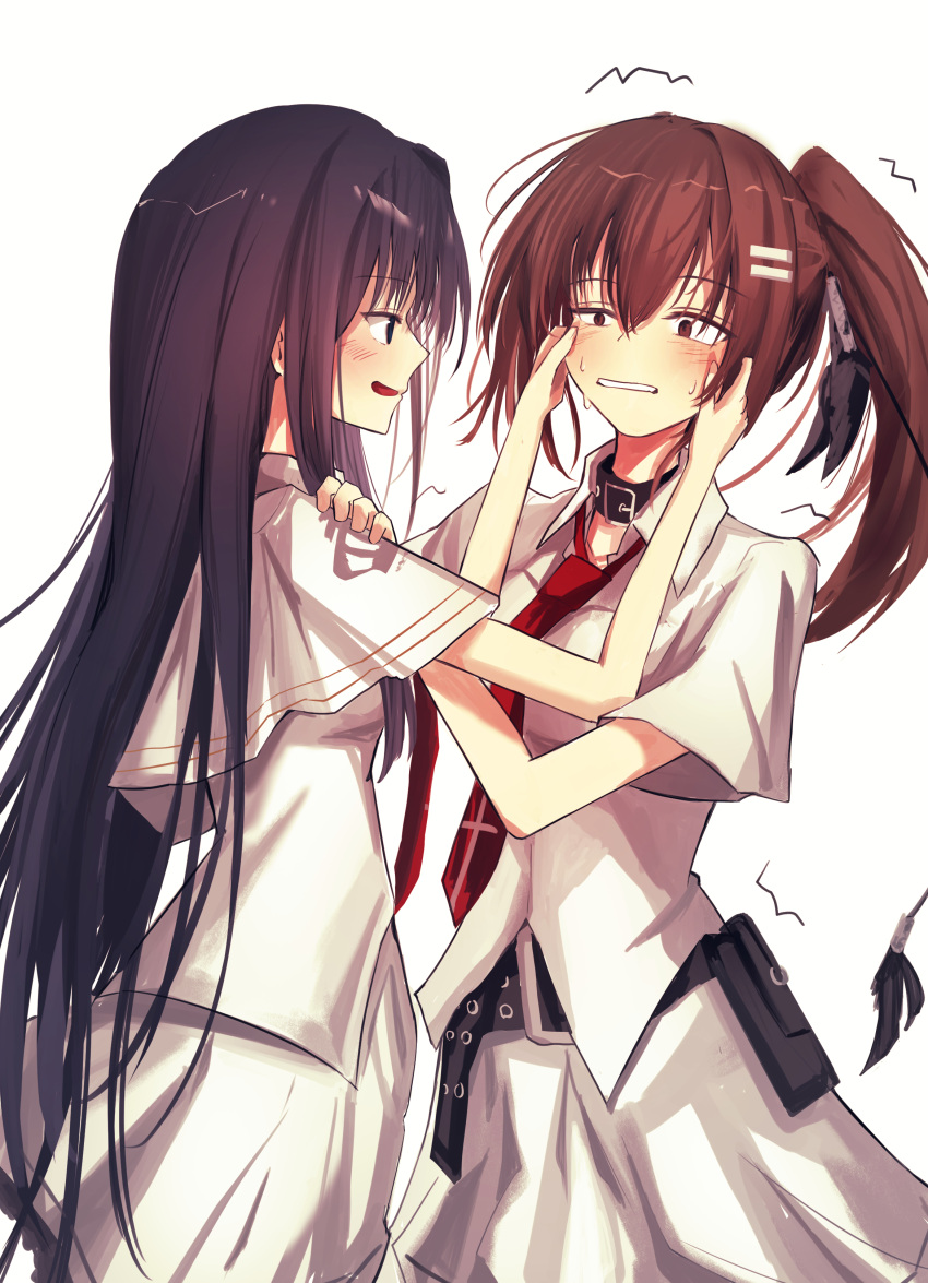 2girls, absurdres, belt, black_belt, black_choker, black_eyes, black_hair, blush