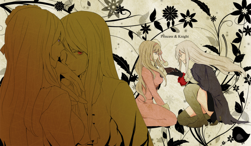 artist_request, axis_powers_hetalia, blonde_hair, boots, dress, flower, genderswap, gloves, hair_ornament, hairband, hat, long_hair, military, military_uniform, multiple_girls, nataliemasiya, prussia_(hetalia), purple_eyes, red_eyes, russia_(hetalia), scarf, skirt, thighhighs, uniform, violet_eyes, white_hair, yuri