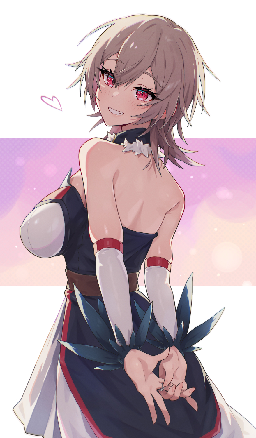 1girl, arms_behind_back, back, blue_dress, blurry, blush, bokeh, breasts
