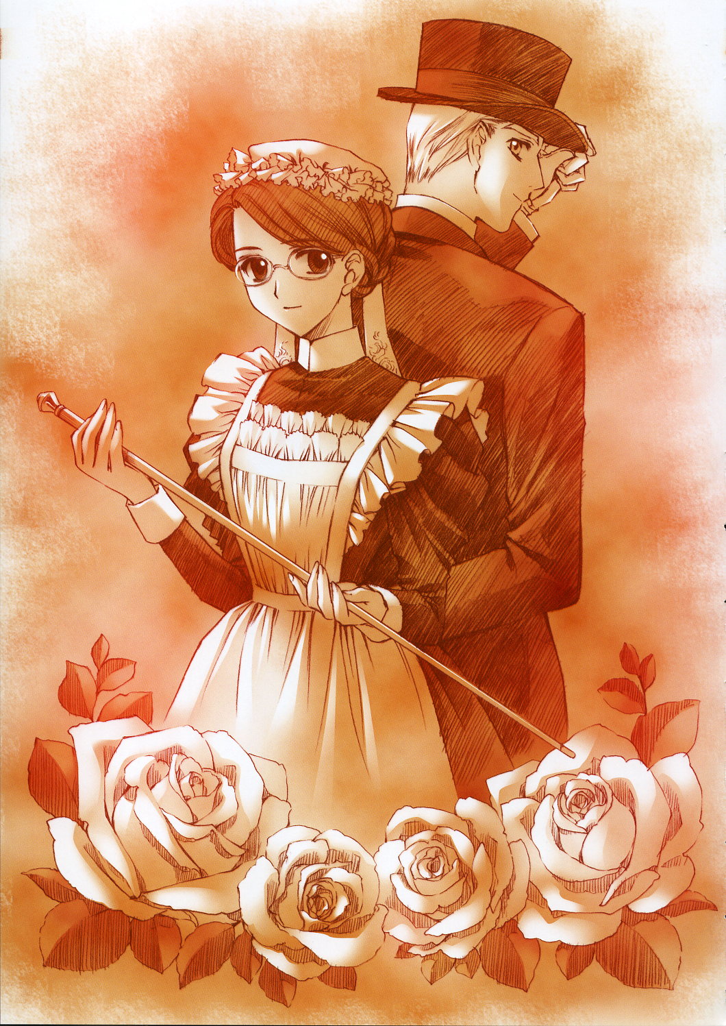 cane, carnelian, dress, emma, flower, hat, hat_tip, highres