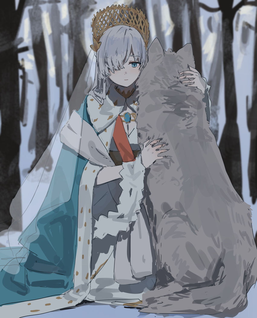 1girl, absurdres, anastasia_(fate), animal_hug, blue_eyes, cloak, day, dress