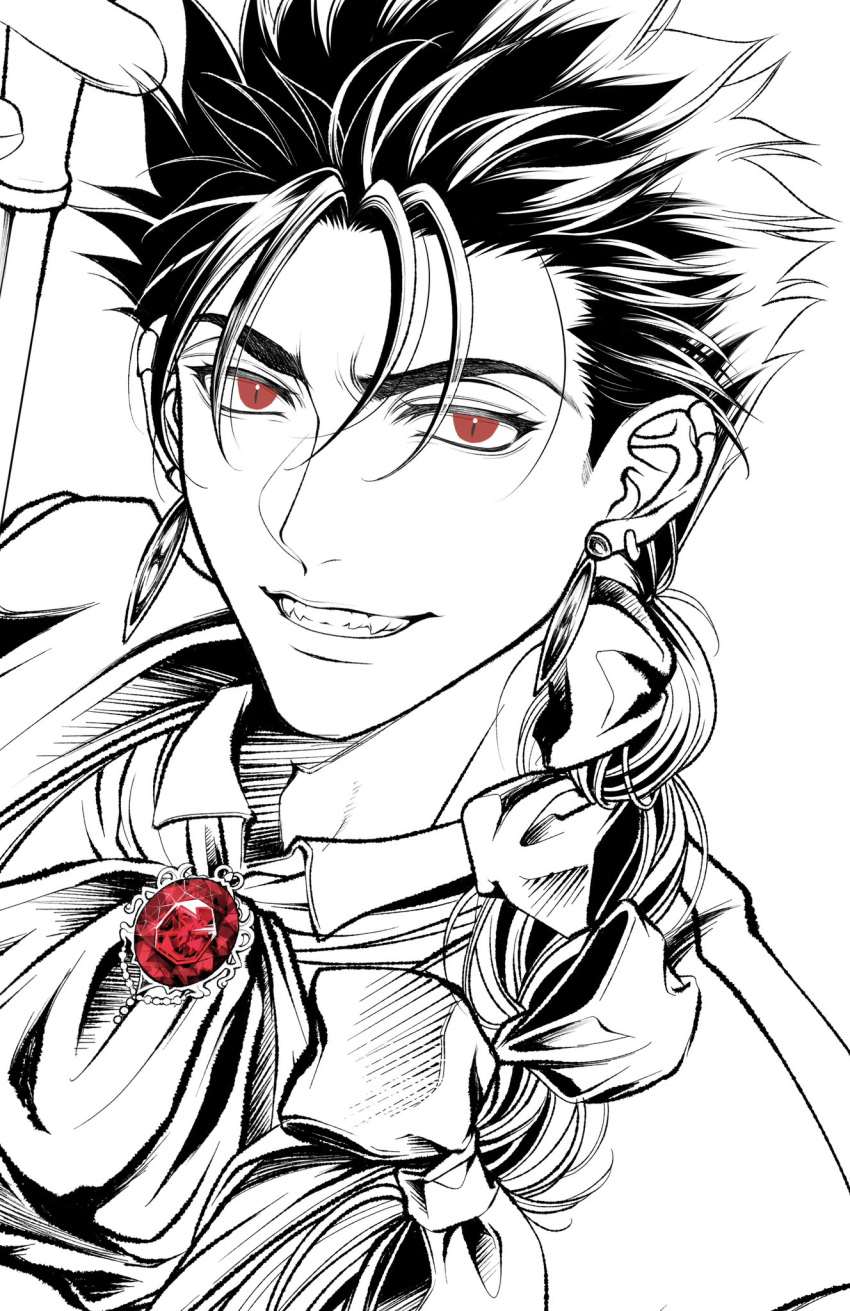 1boy, ascot, braid, braided_ponytail, brooch, cu_chulainn_(caster)_(fate), cu_chulainn_(celebratory_attire)_(fate), cu_chulainn_(fate)