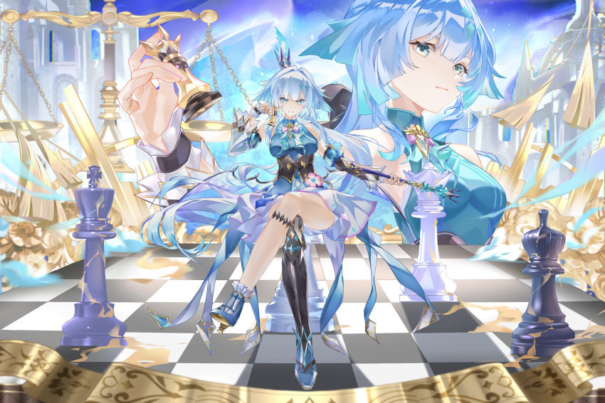 1girl, asymmetrical_footwear, asymmetrical_legwear, black_hair, blue_dress, blue_hair, cerydra_(honkai:_star_rail), chess_piece, closed_mouth, crossed_legs, crown, detached_sleeves, dress, floating_hair, full_body, highres, holding, holding_chess_piece, honkai:_star_rail, honkai_(series), long_hair, long_sleeves, mini_crown, mismatched_footwear, mismatched_legwear, multicolored_hair, multiple_views, sitting, socks, uneven_legwear, very_long_hair, white_socks, ztydamowang