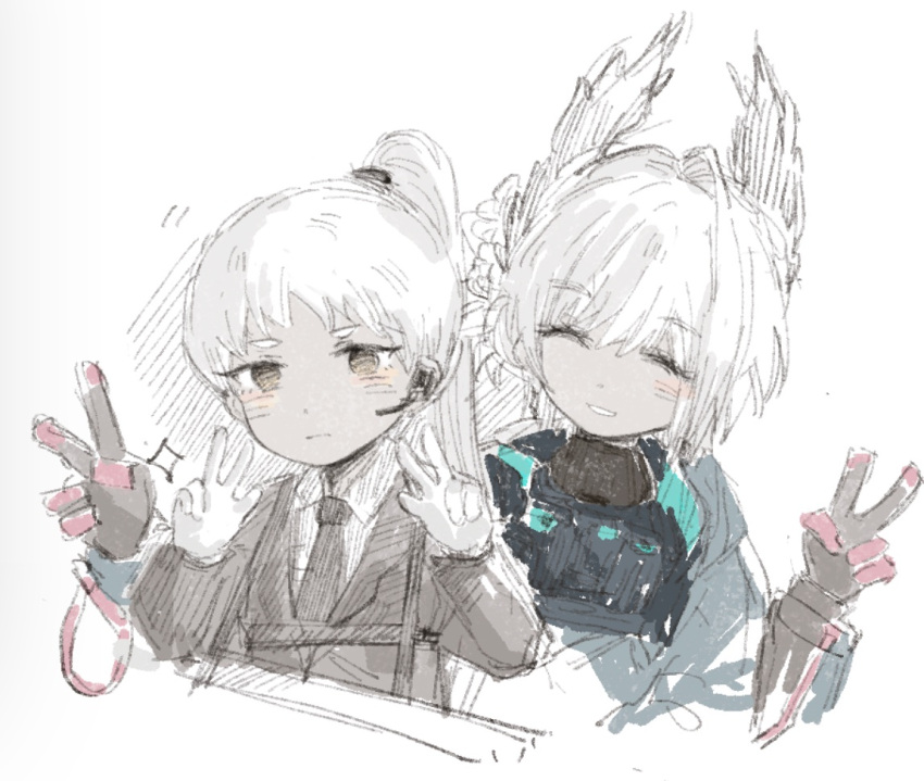 2girls, arknights, black_jacket, black_necktie, collared_shirt, dark-skinned_female, dark_skin, double_v