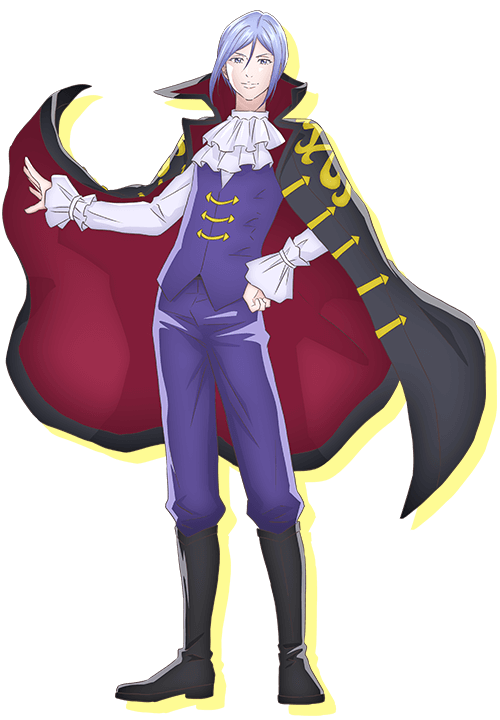 1boy, anime_coloring, ascot, astro_note, black_boots, black_cloak, blue_eyes, blue_hair, boots, cloak, closed_mouth, collared_shirt, full_body, hair_between_eyes, hand_on_own_hip, hand_up, high_collar, kubonouchi_eisaku, long_sleeves, looking_at_viewer, official_art, open_hand, palms, pants, purple_pants, purple_vest, shirt, shoin_ginger, short_hair, sidelocks, simple_background, smile, solo, spread_fingers, standing, tachi-e, transparent_background, vest, white_ascot, white_shirt, wide_sleeves