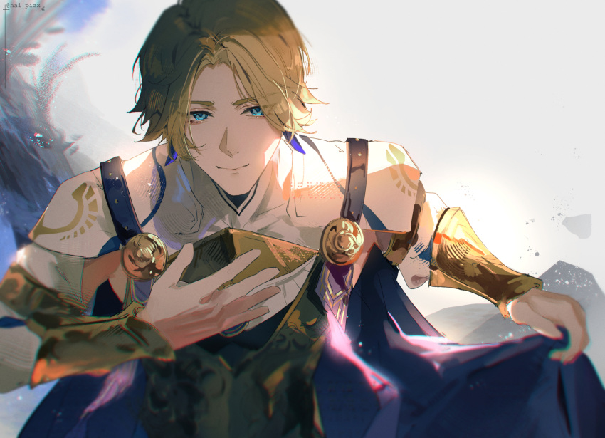 1boy, arm_armor, armor, avidius_(wuthering_waves), blonde_hair, blue_eyes, cape, closed_mouth