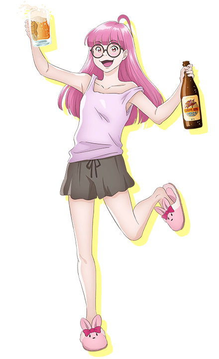 1girl, :d, ahoge, alcohol, animal_slippers, anime_coloring, arm_up, astro_note