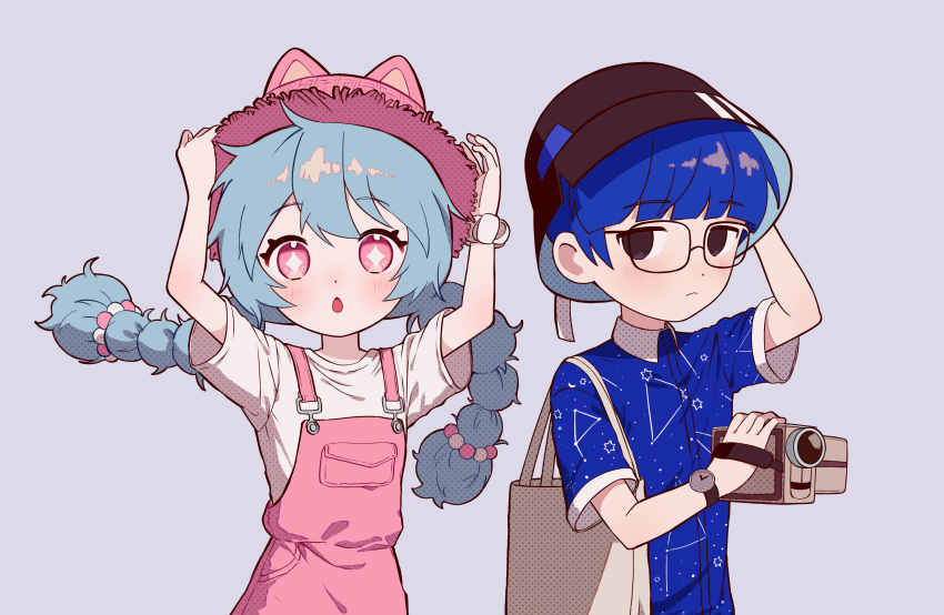 1boy, 1girl, absurdres, animal_ears, arms_up, bag, baseball_cap, black_eyes