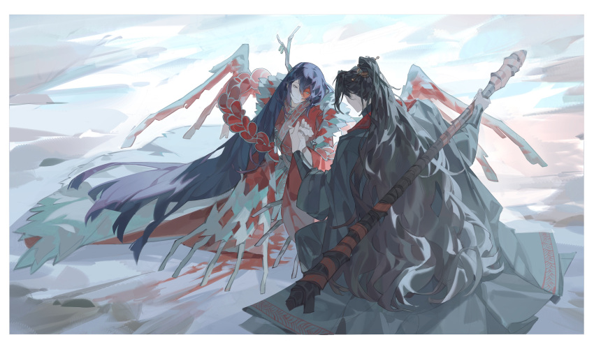 2boys, absurdres, black_coat, black_hair, chinese_clothes, coat, dragon_horn, dragon_wings