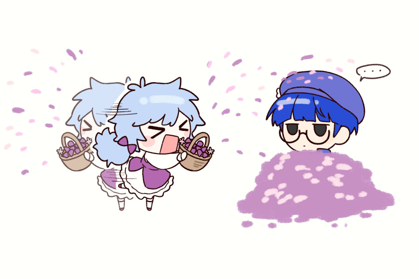 >_<, ..., apron, basket, beret, black_eyes, blue_hair, blunt_bangs
