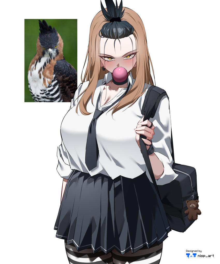 1girl, absurdres, arm_at_side, artist_name, bag, bangs_pinned_back, bear_charm, bird