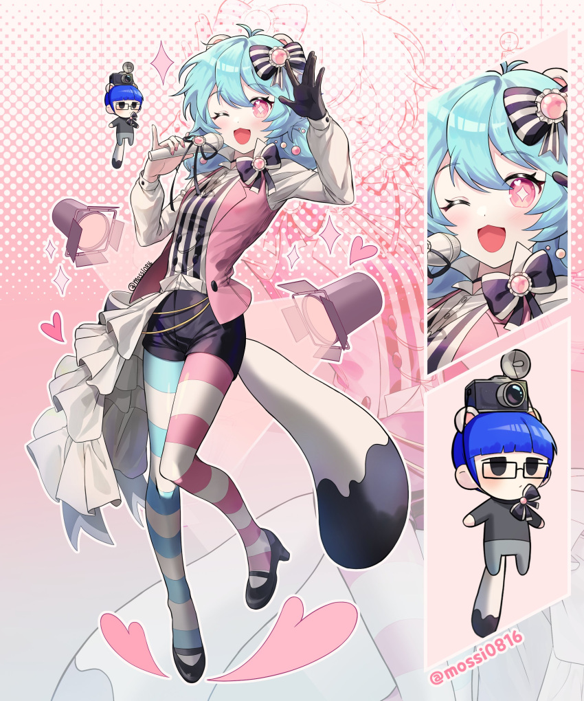 1boy, 1girl, ;d, absurdres, animal_ears, asymmetrical_legwear, black_bow, black_gloves