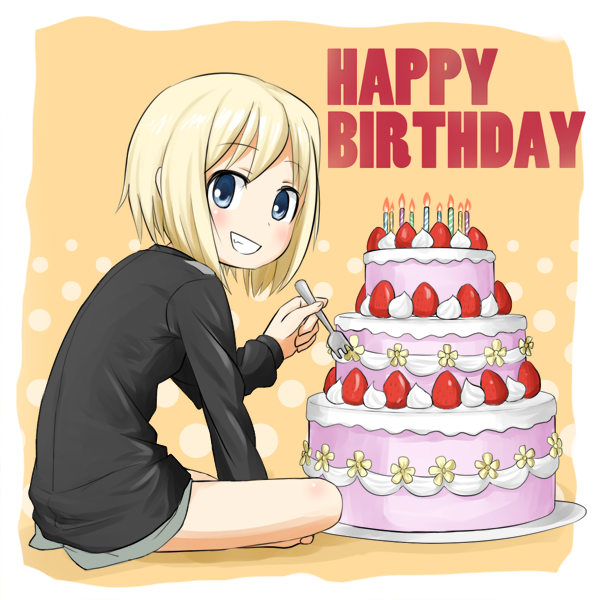 birthday, blue_eyes, cake, erica_hartmann, food, fudama, grin, happy_birthday, military, military_uniform, short_hair, smile, strike_witches, uniform