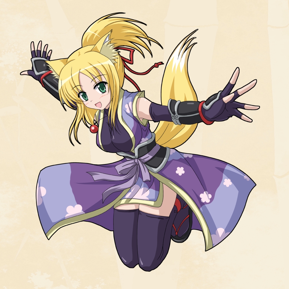 blonde_hair, breasts, dog_days, dog_ears, dog_tail, fingerless_gloves, fox_ears, fox_tail