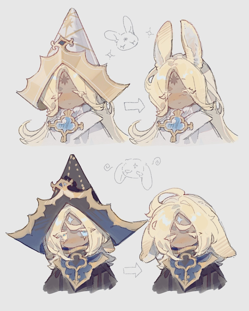 1boy, animal_ears, arrow_(symbol), black_cape, black_hat, blonde_hair, blue_eyes, blue_gemstone