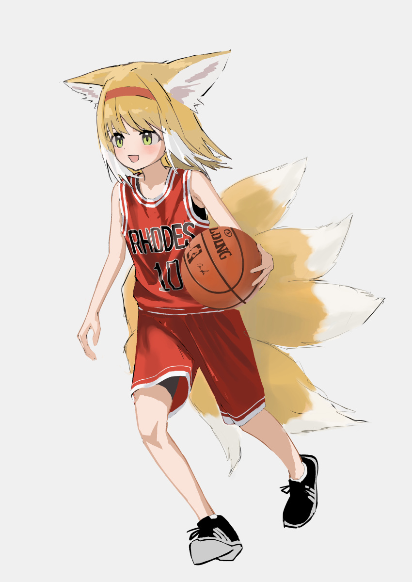 1girl, :d, absurdres, alternate_costume, animal_ears, arknights, ball, basketball