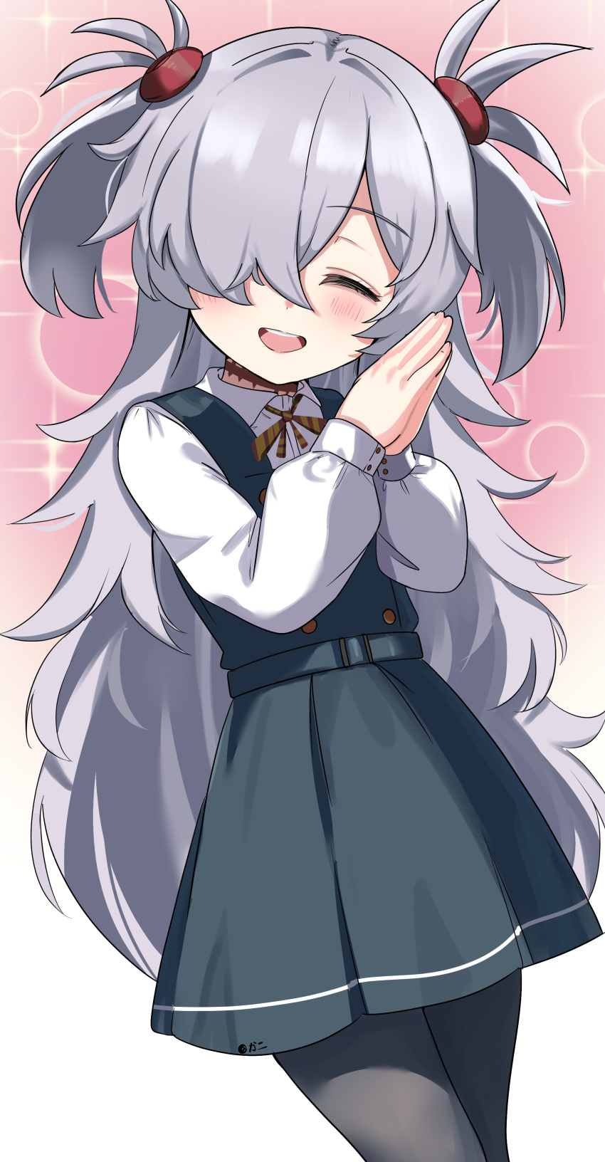 1girl, absurdres, black_dress, black_pantyhose, blue_archive, brown_ribbon, closed_eyes, collared_shirt