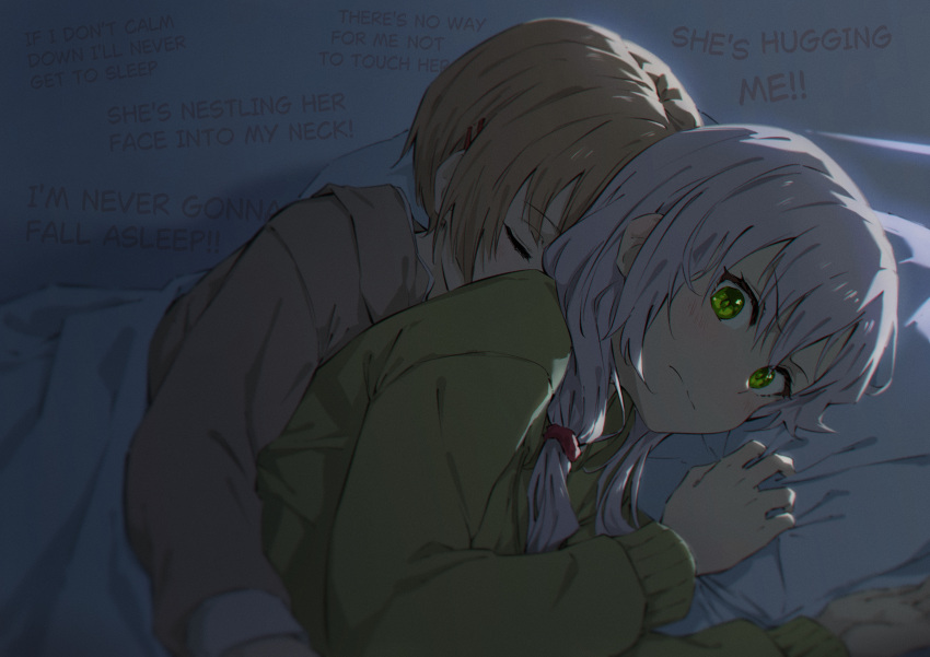 2girls, absurdres, blush, brown_hair, brown_jacket, closed_eyes, closed_mouth, commentary, english_commentary, english_text, green_eyes, green_hoodie, hair_ornament, hairclip, heaven_burns_red, highres, hood, hoodie, hug, hug_from_behind, izumi_yuki_(heaven_burns_red), jacket, kayamori_ruka, long_hair, long_sleeves, low_twintails, lying, multiple_girls, raito_taisha, short_hair, sleeping, twintails, under_covers, white_hair, yuri