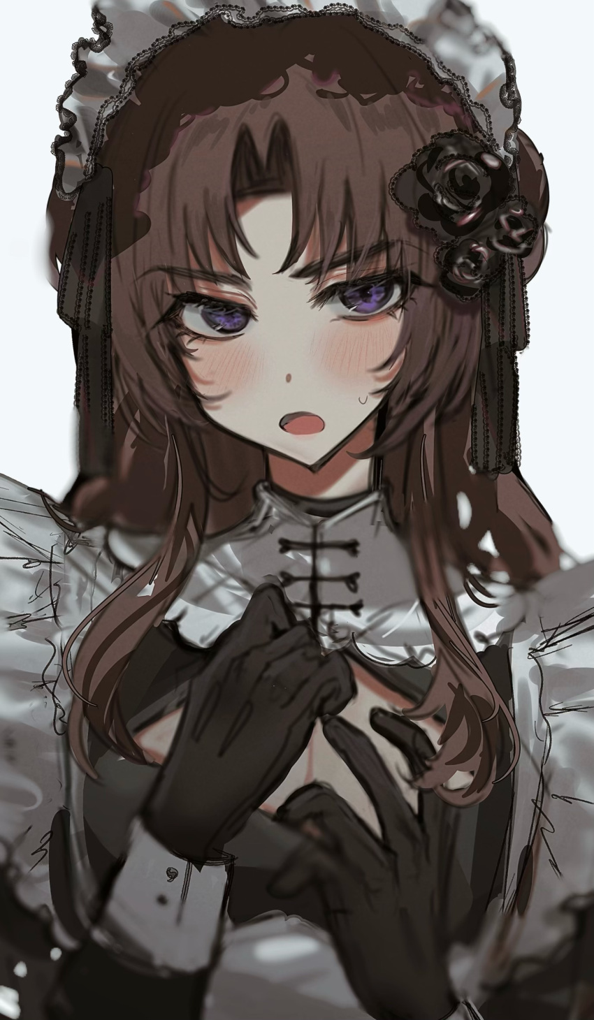 1boy, ayase_ayato_(imamiya_pinoko), black_gloves, blush, brown_hair, cleavage_cutout, clothing_cutout, crossdressing